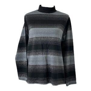 Womens Size 1X Shirt Studio Works Black Grey and Silver Striped Long Sleeve